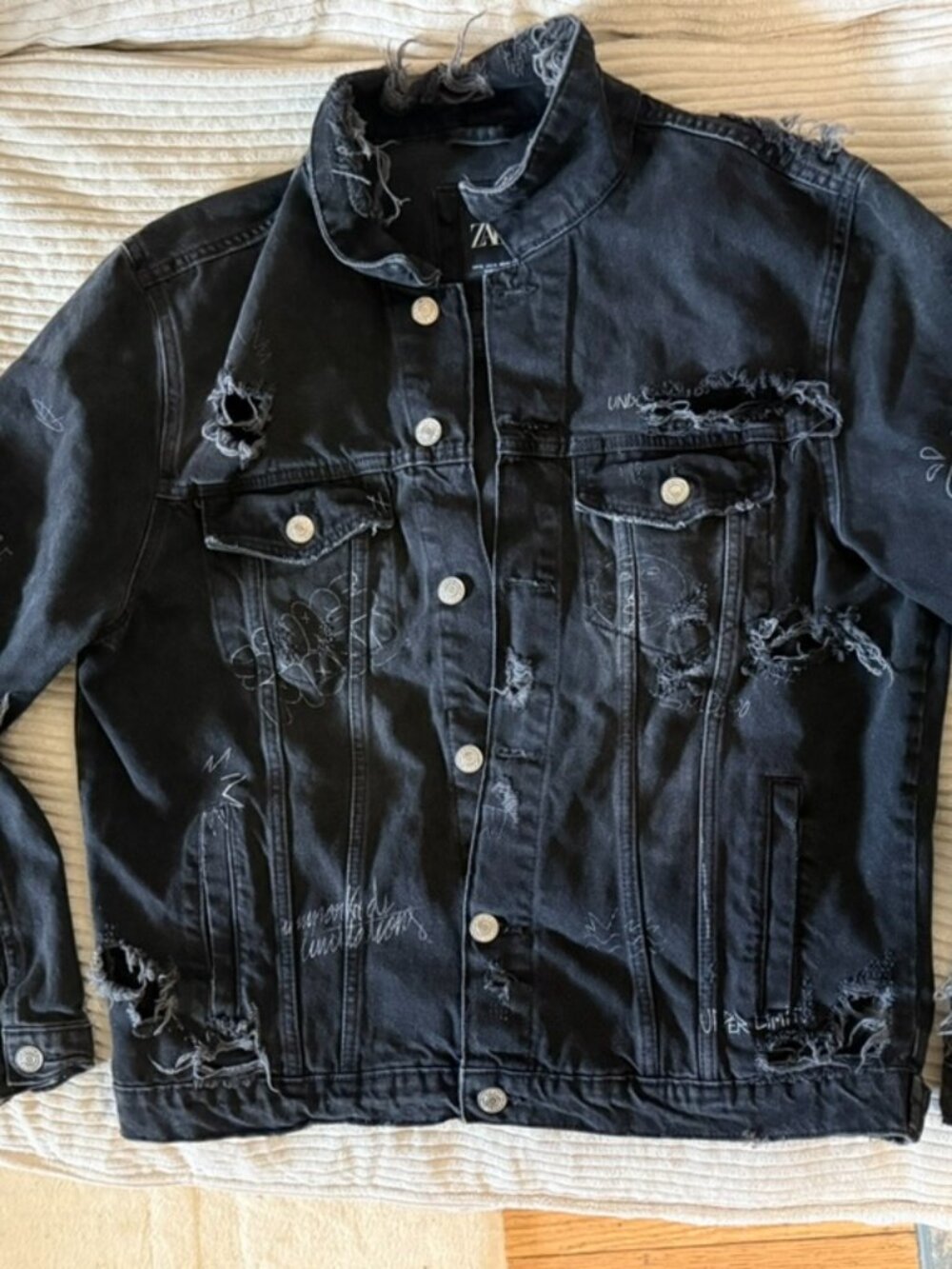 Zara Men's Distressed Denim Trucker Jacket